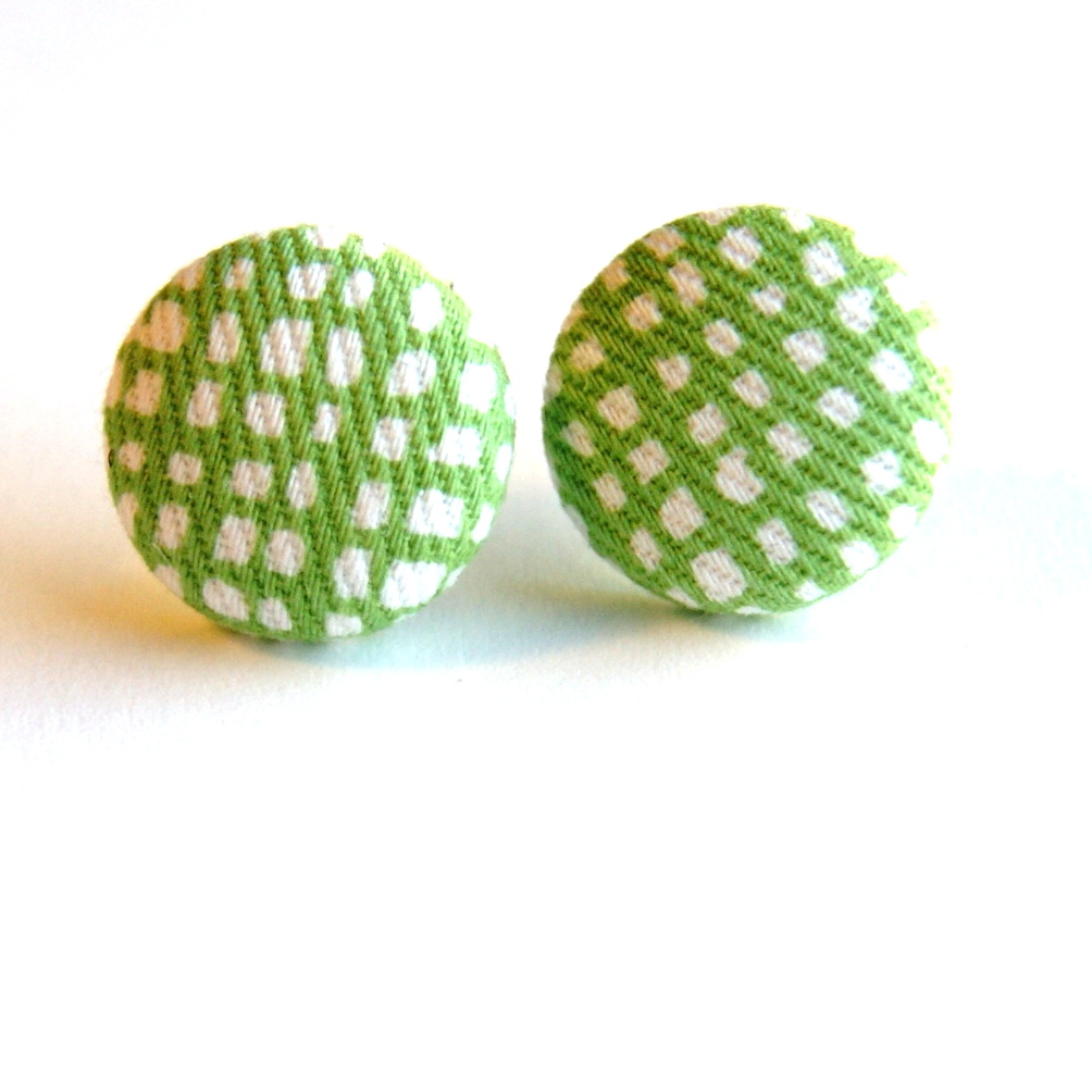 Spring Green Fabric Button Stud Earrings