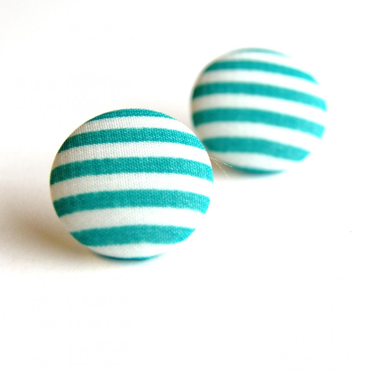 Green And White Stripes Fabric Button Earrings - Large