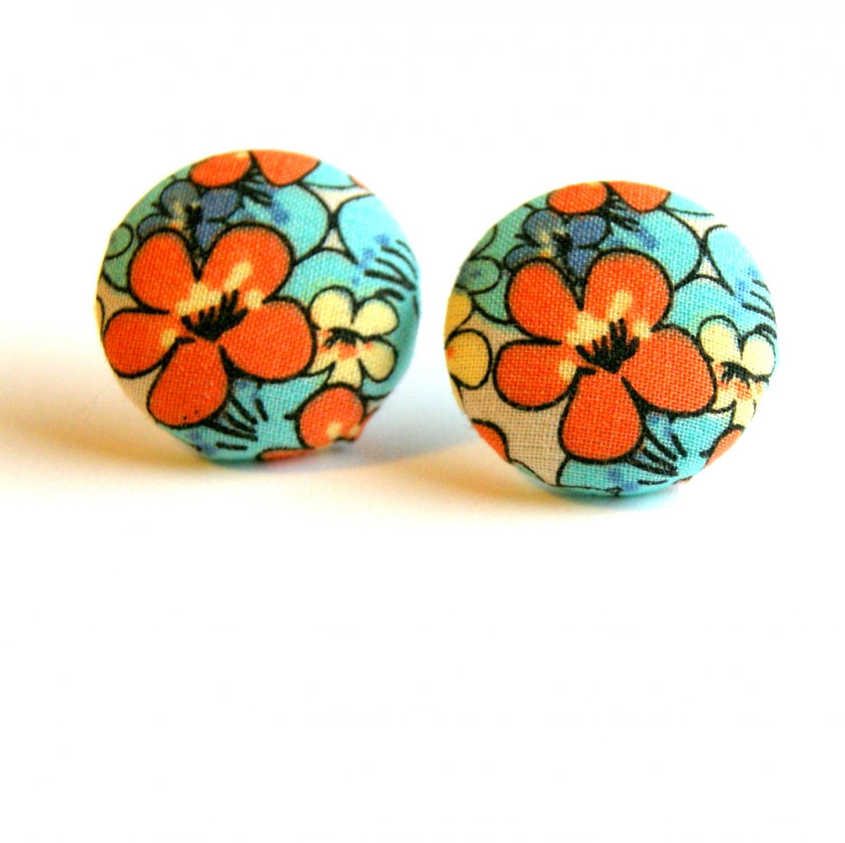 Caribbean Flower Fabric Button Stud Earrings - Large