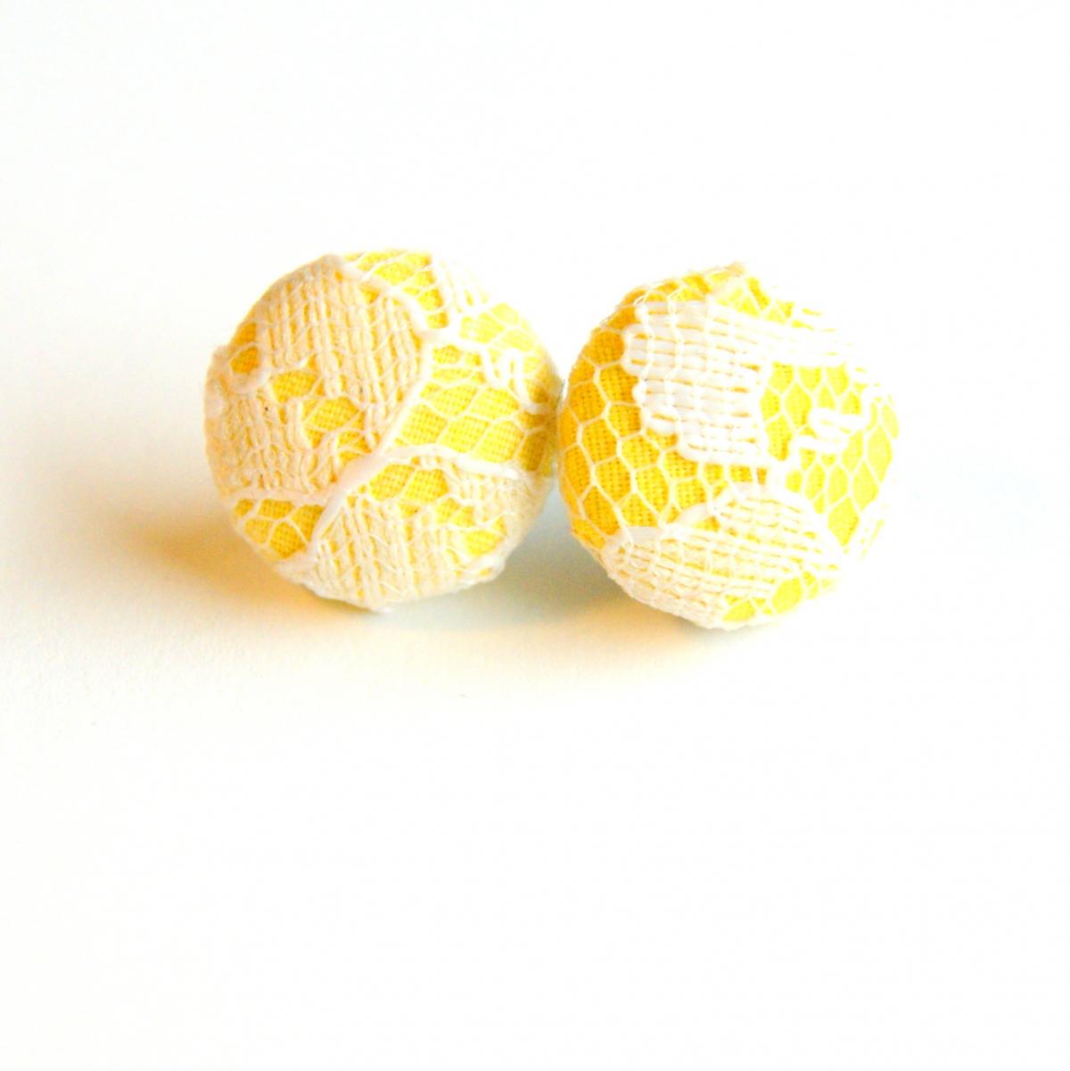 Yellow And White Lace Fabric Stud Earrings - Medium