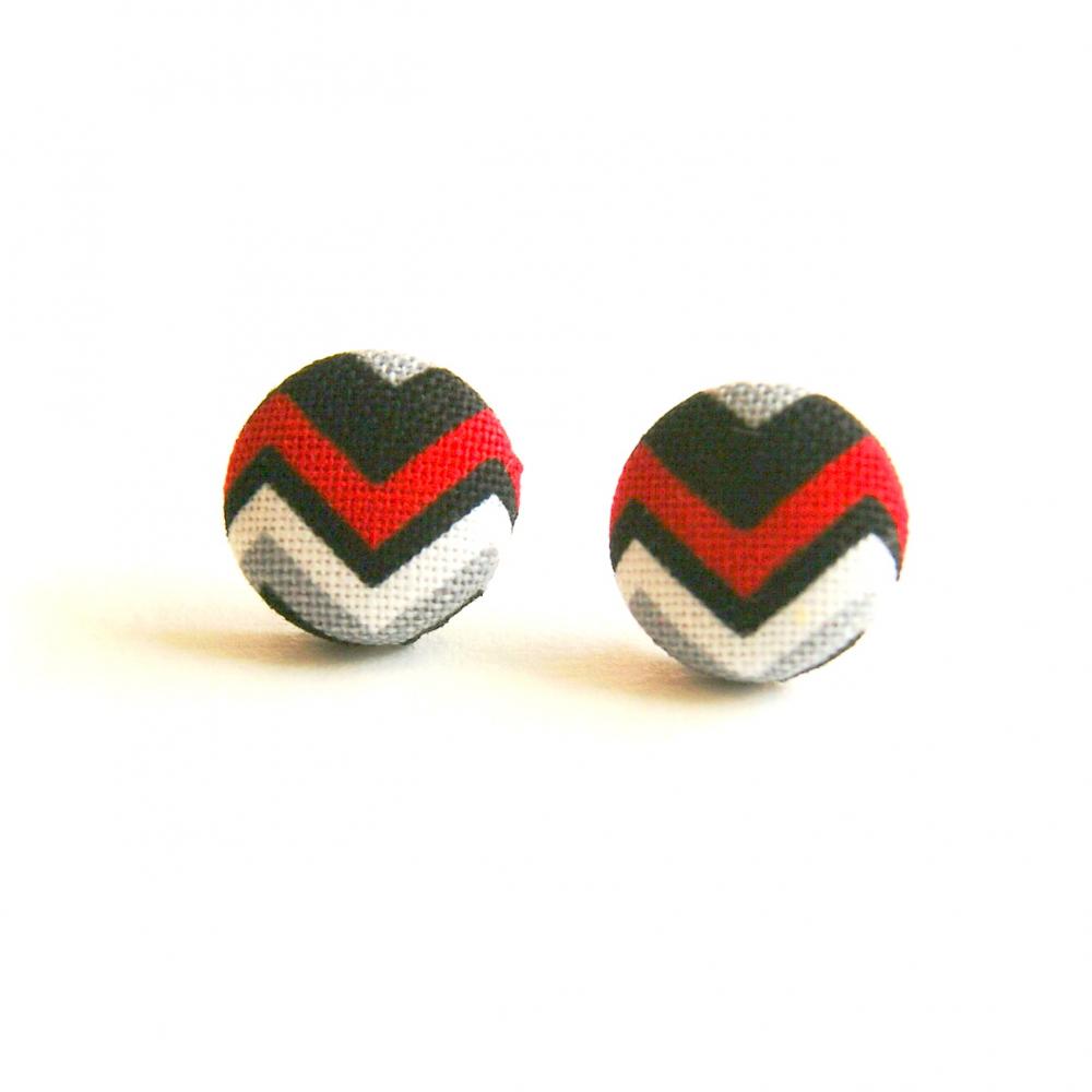 Chevron Fabric Covered Button Stud Earrings - Black And Red