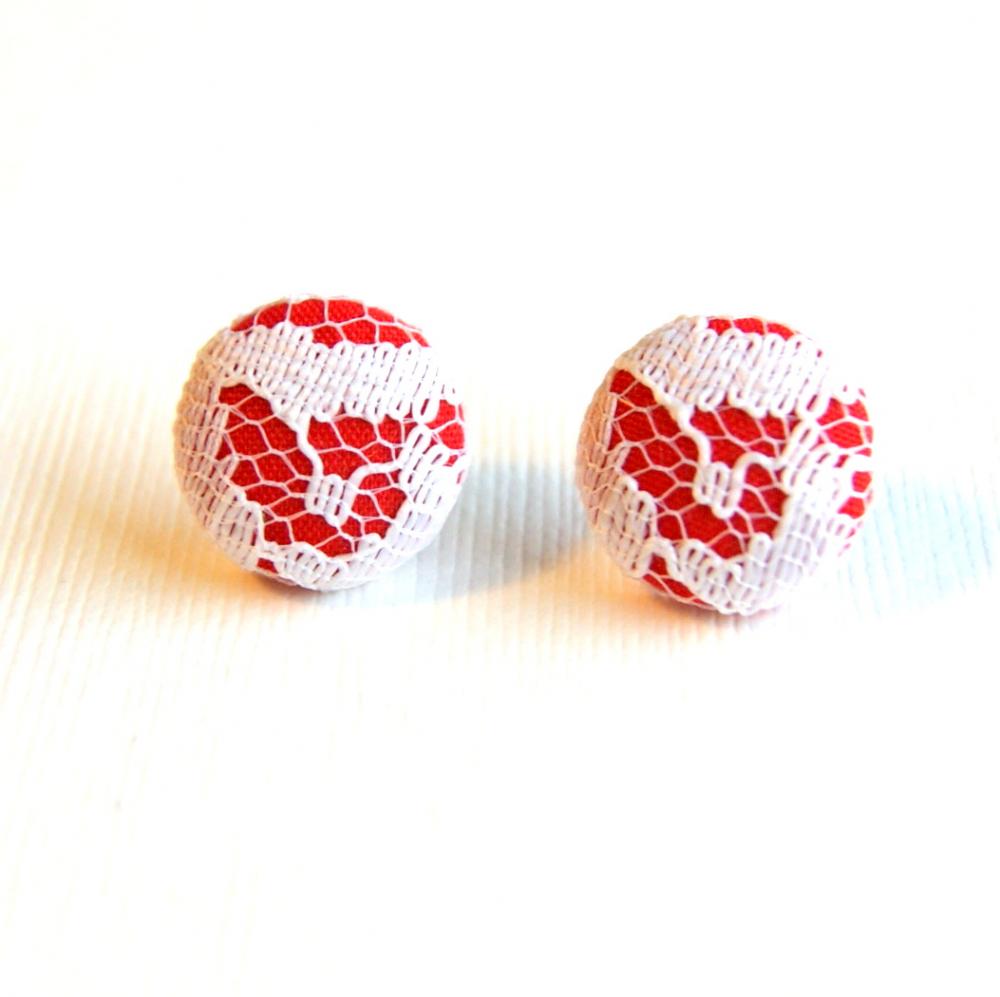 Red With White Lace Fabric Covered Button Stud Earrings