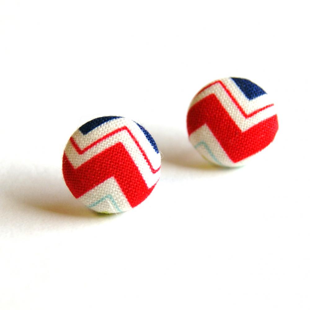 Chevron Fabric Covered Button Earrings - Red