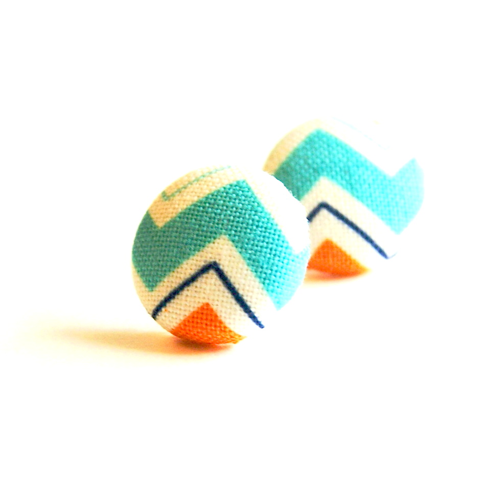 Fabirc Covered Button Stud Earrings Chevron Turquoise
