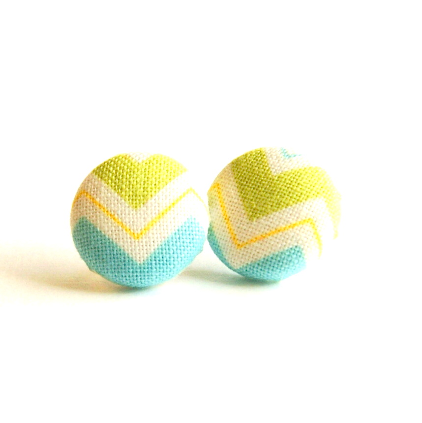 Chevron Fabric Button Covered Stud Earrings - Light Green