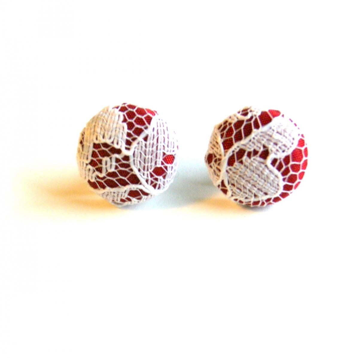 Cranberry And White Lace Fabric Button Stud Earrings