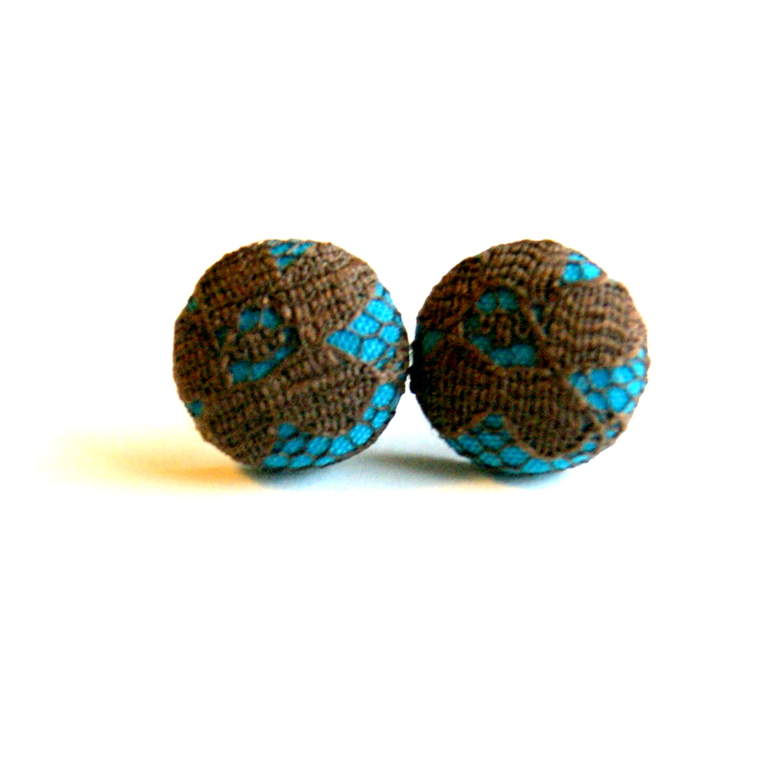Teal And Brown Lace Button Earrings