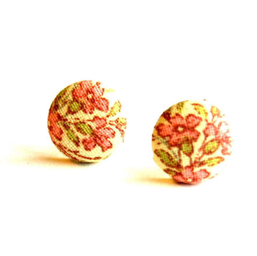 Pink Flower Fabric Covered Button Earrings