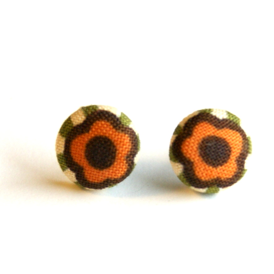 Flower With Green Stripes Button Earrings