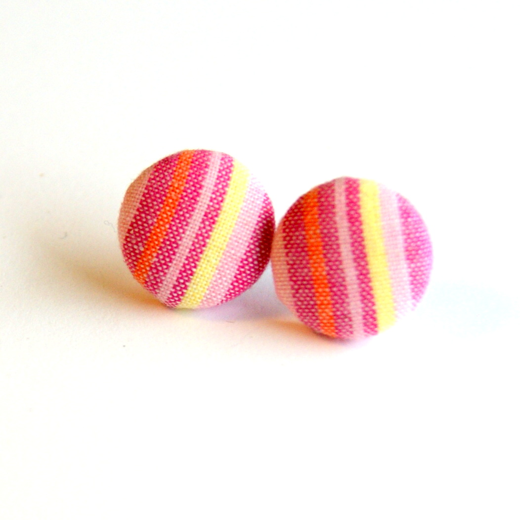 Pink And Yellow Plaid Fabric Button Earrings
