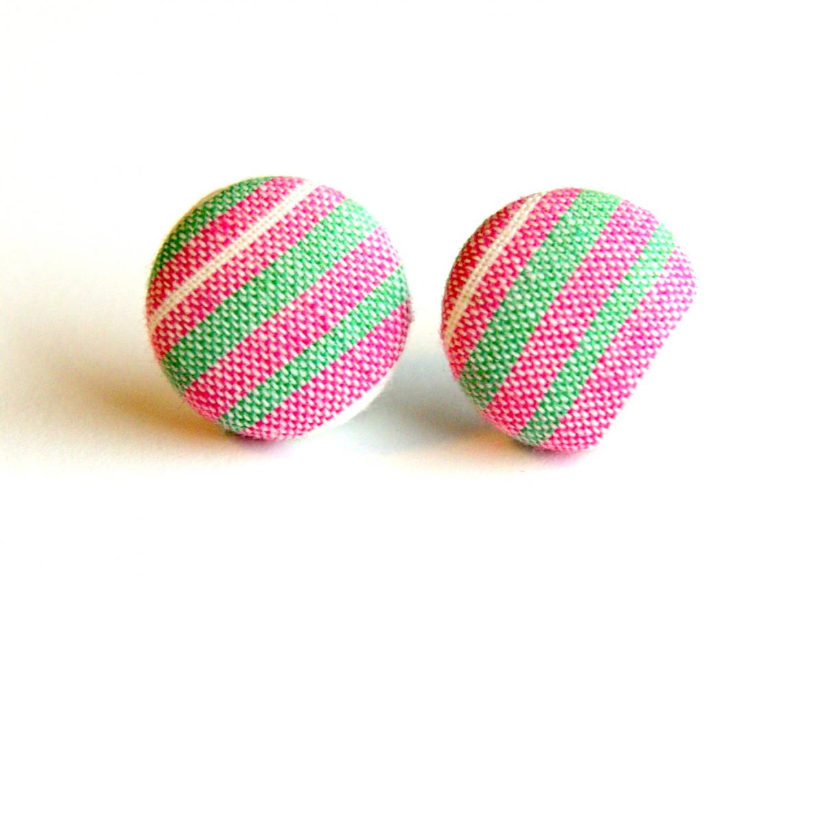 Green, Pink And White Striped Fabric Button Earrings