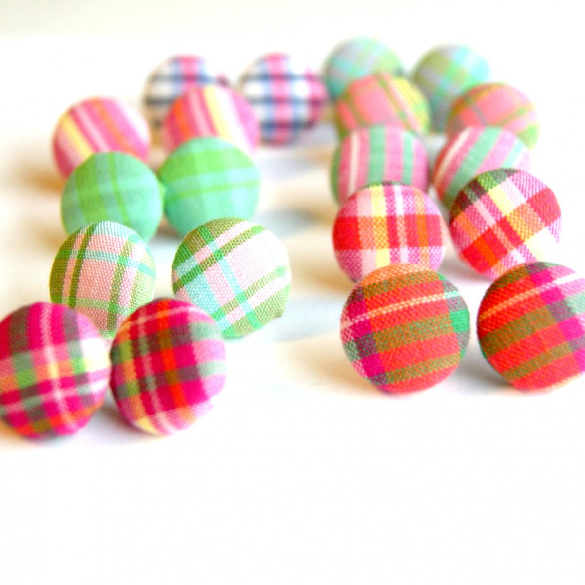 Plaid Fabric Button Earrings Set - Pick Your Pairs (3)