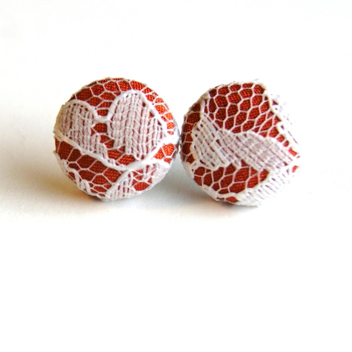 Auburn And White Lace Fabric Button Earrings