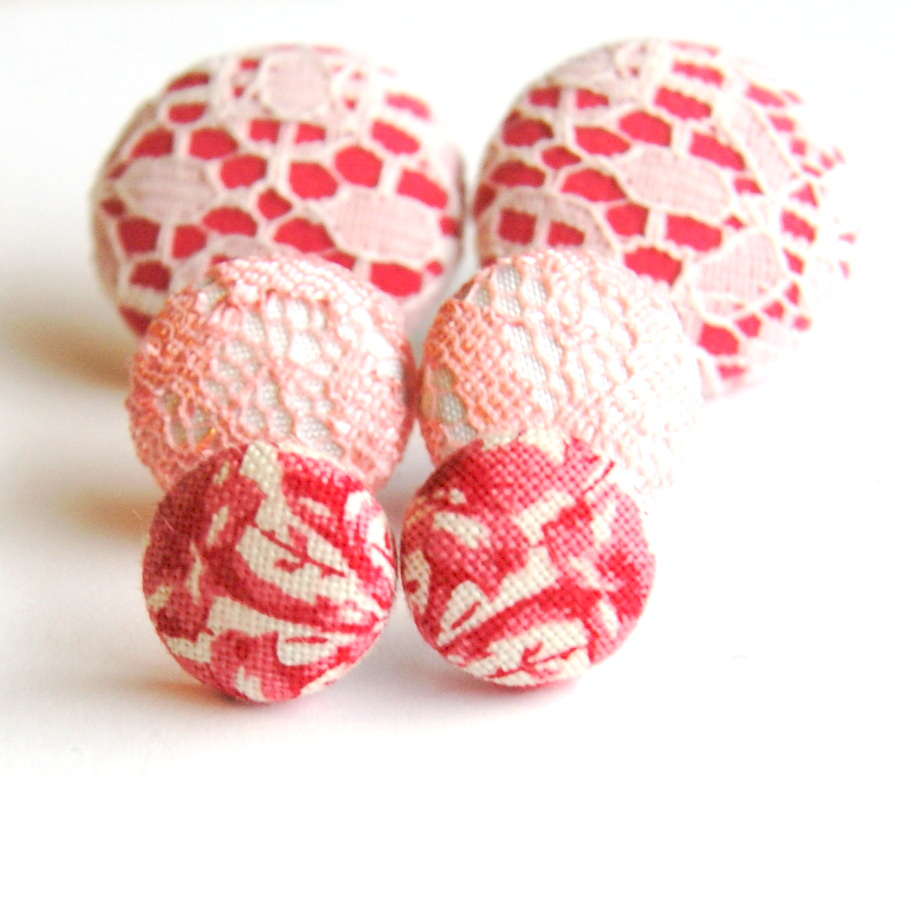 Pretty In Pink Fabric Button Stud Earrings Set on Luulla